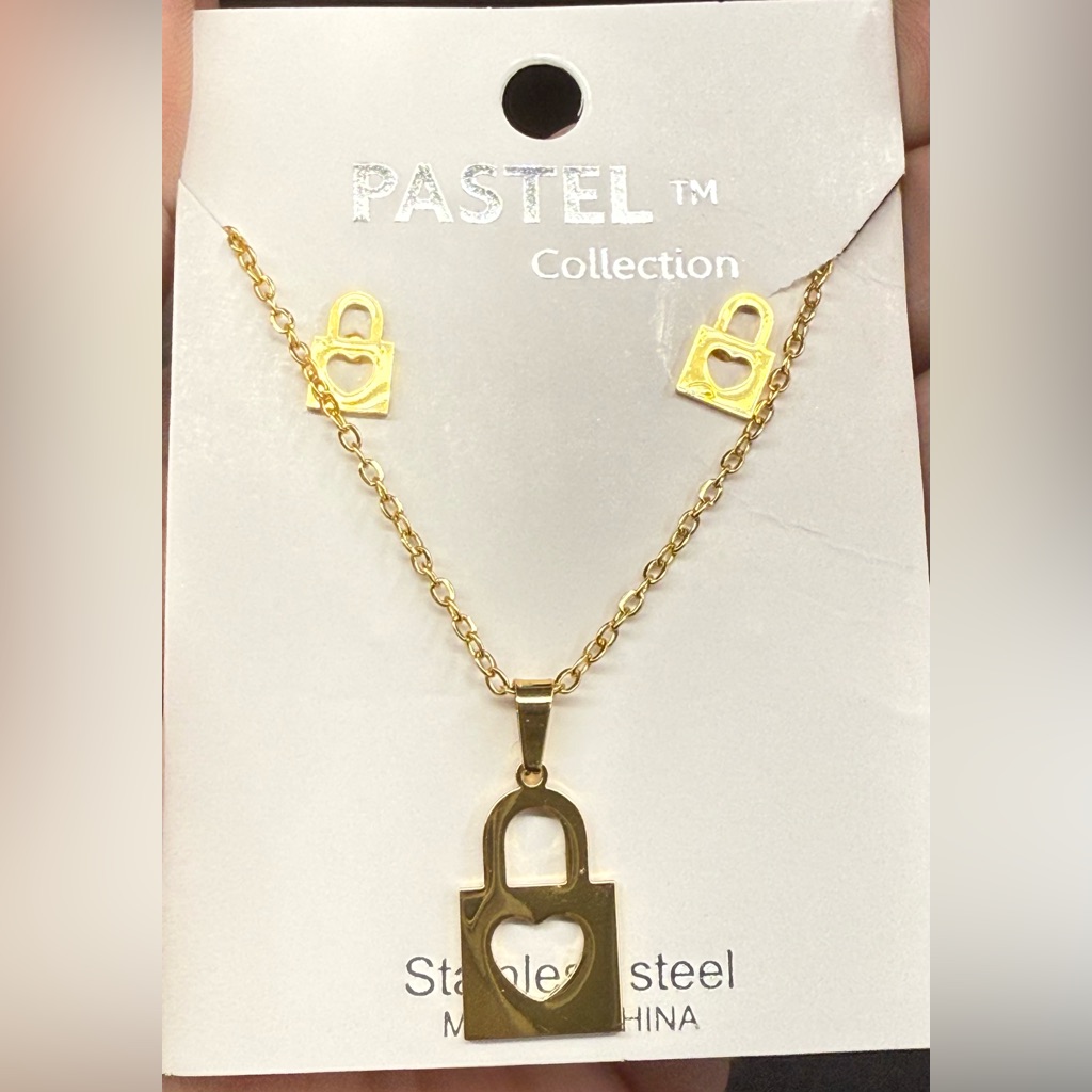 Pastels Clothing Gold Lock Necklace And Earring Set